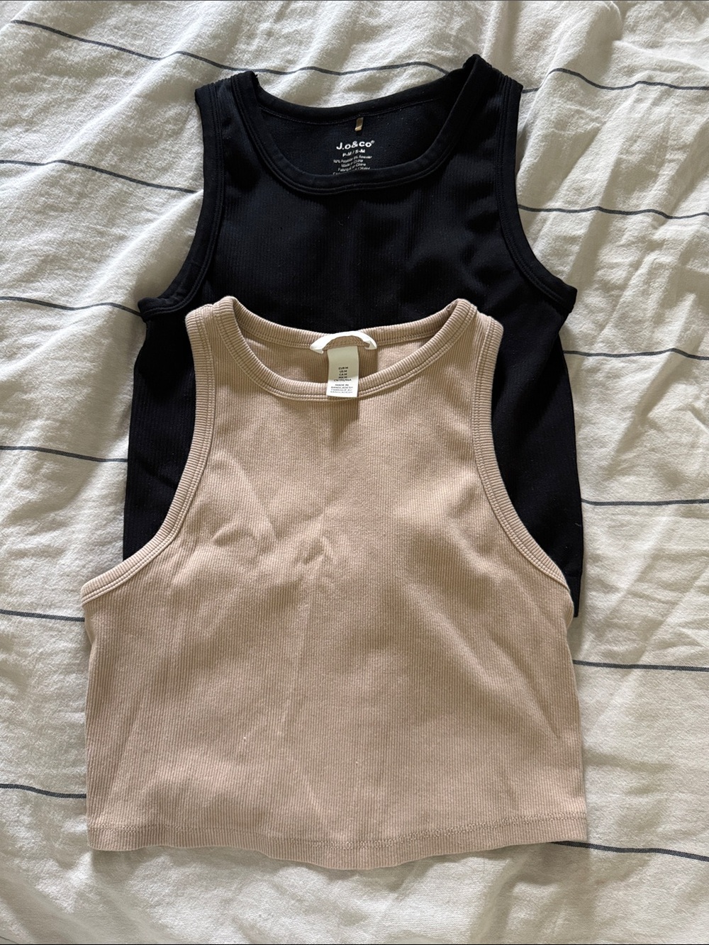 Ribbed Tank Top — Black and Beige Cropped Women's Tops. M